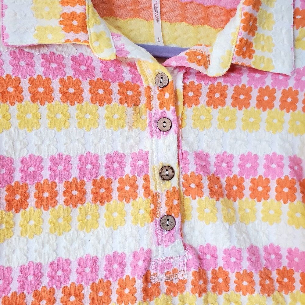 Free People Pink Yellow Orange Floral Knit Polo Top - Picture 3 of 8